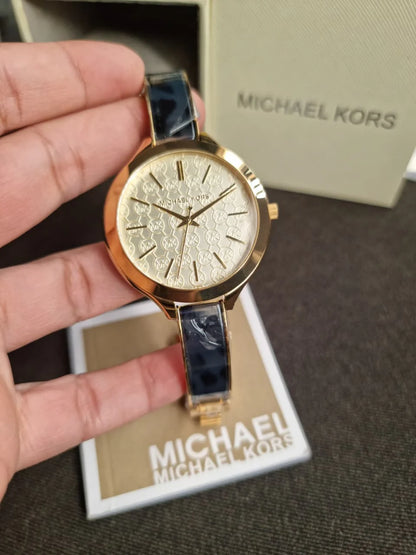 MICHAEL KORSSlim Runway Gold Dial Gold-tone and Navy Blue Resin Ladies Watch