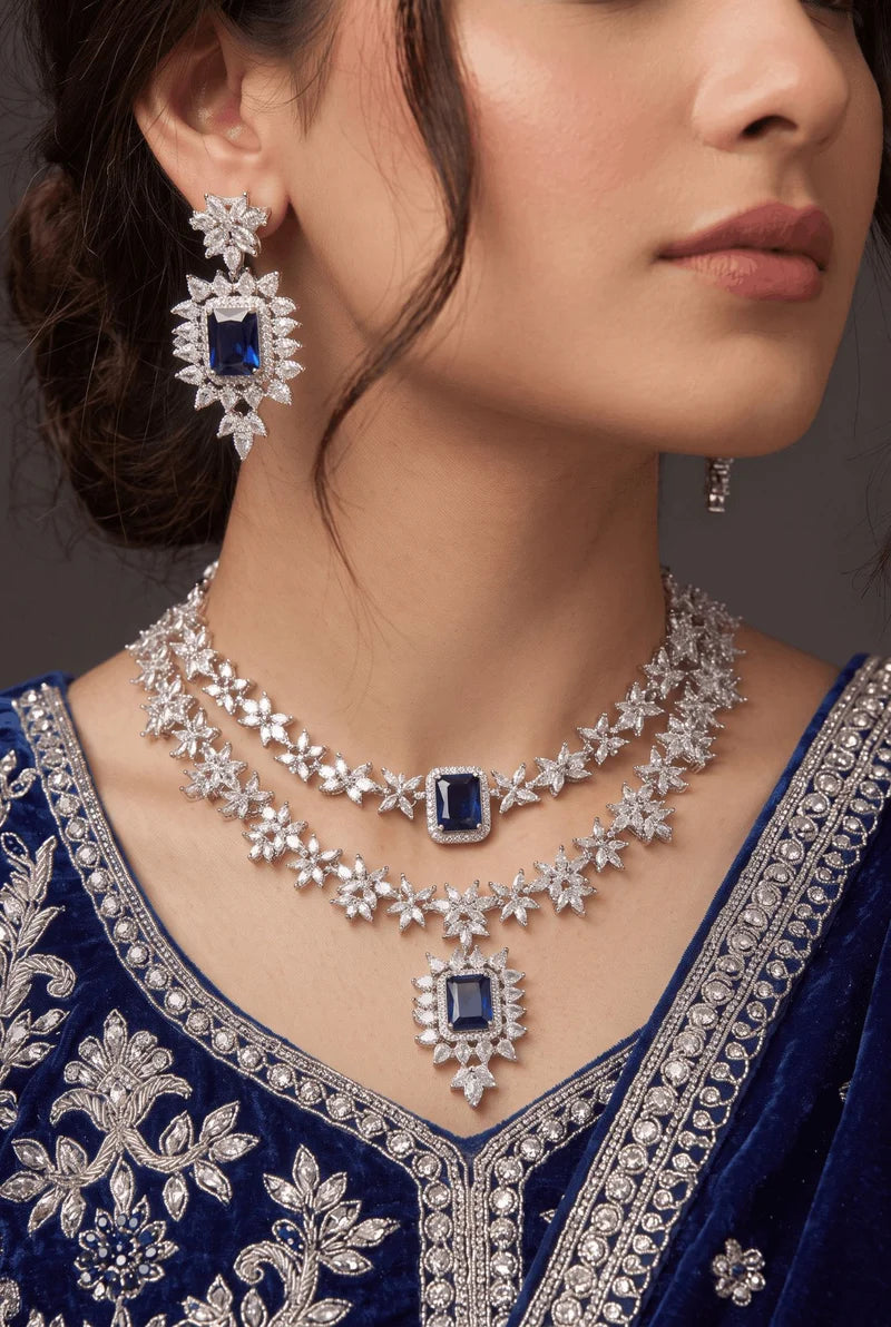 Luxurious Cubic Zircons & Gemstone Double Line Necklace Set