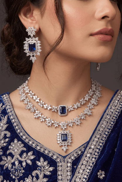 Luxurious Cubic Zircons & Gemstone Double Line Necklace Set