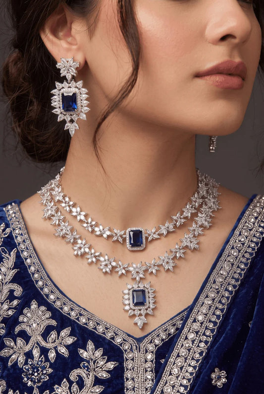 Luxurious Cubic Zircons & Gemstone Double Line Necklace Set