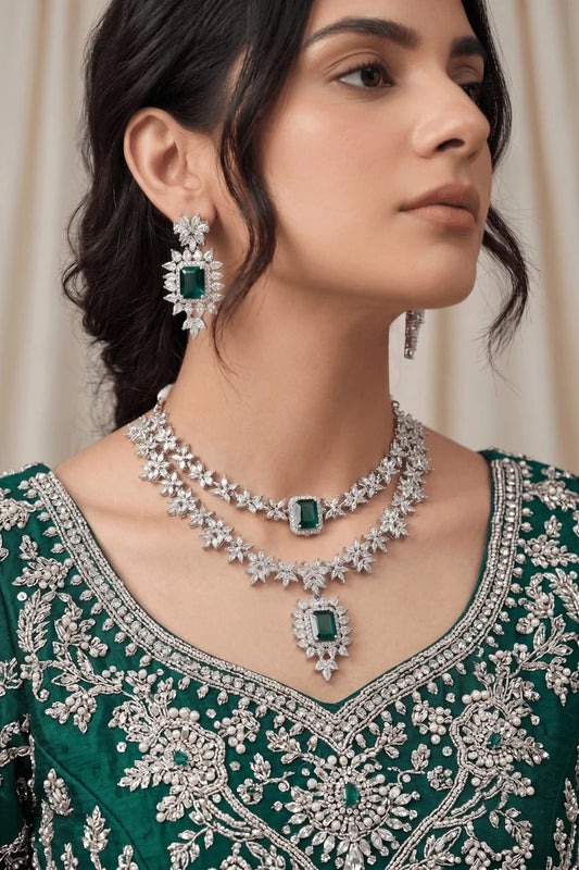 Luxurious Cubic Zircons & Gemstone Double Line Necklace Set