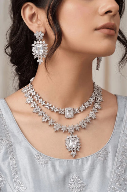 Luxurious Cubic Zircons & Gemstone Double Line Necklace Set