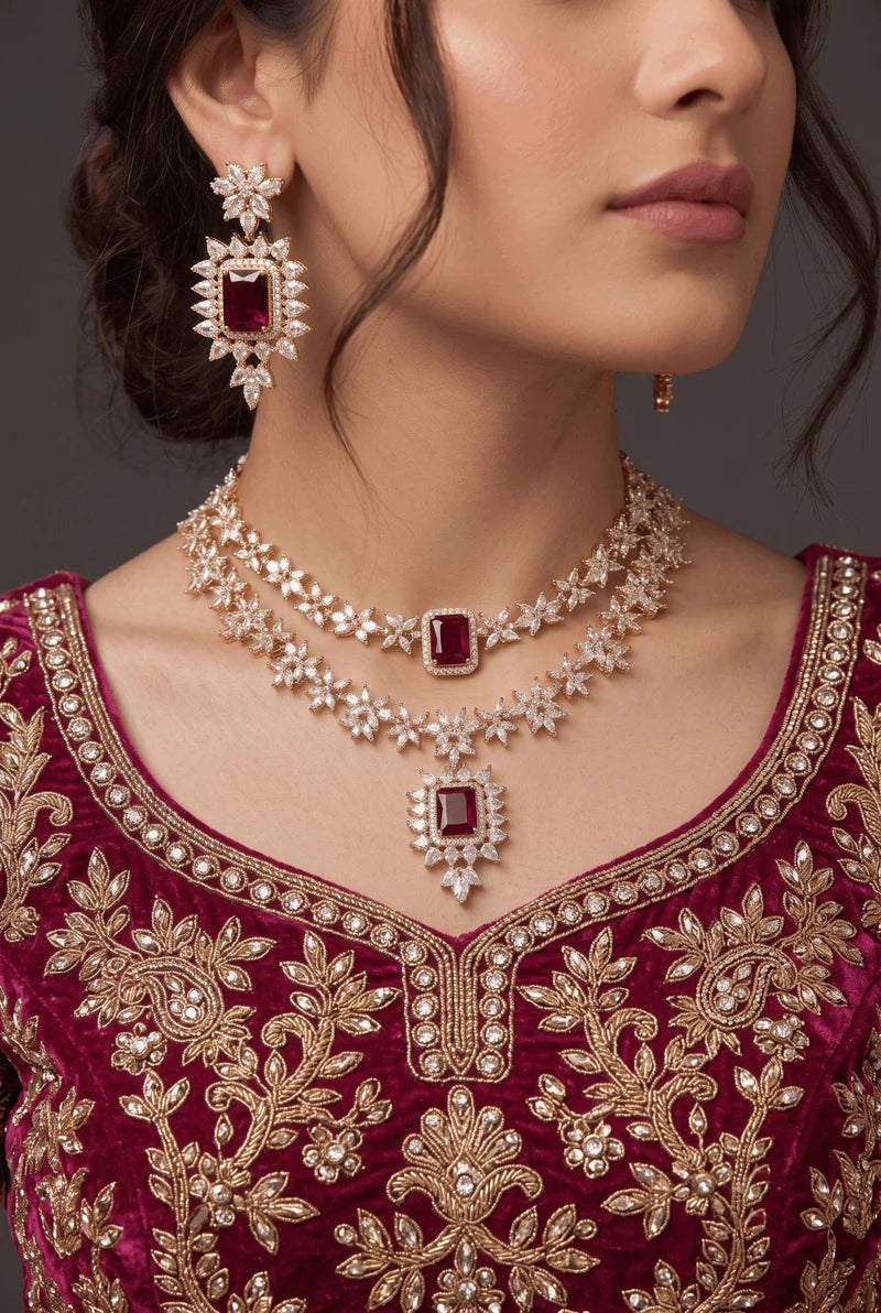 Luxurious Cubic Zircons & Gemstone Double Line Necklace Set
