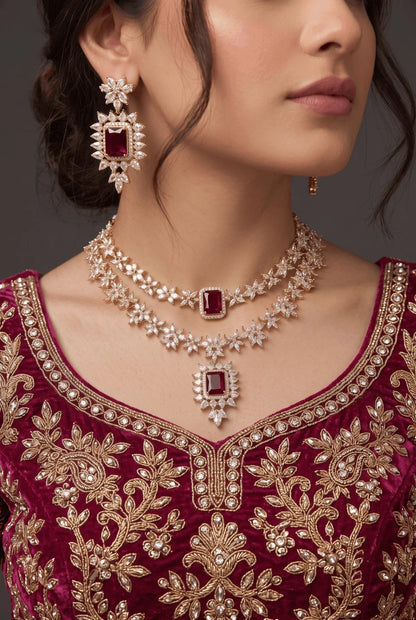 Luxurious Cubic Zircons & Gemstone Double Line Necklace Set